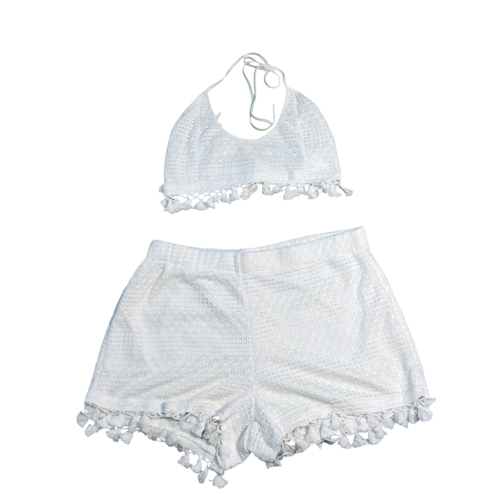 Women's 2 Piece Outfits Tassel Trim Backless Halter Crop Top and Elastic Waist - Picture 3 of 6